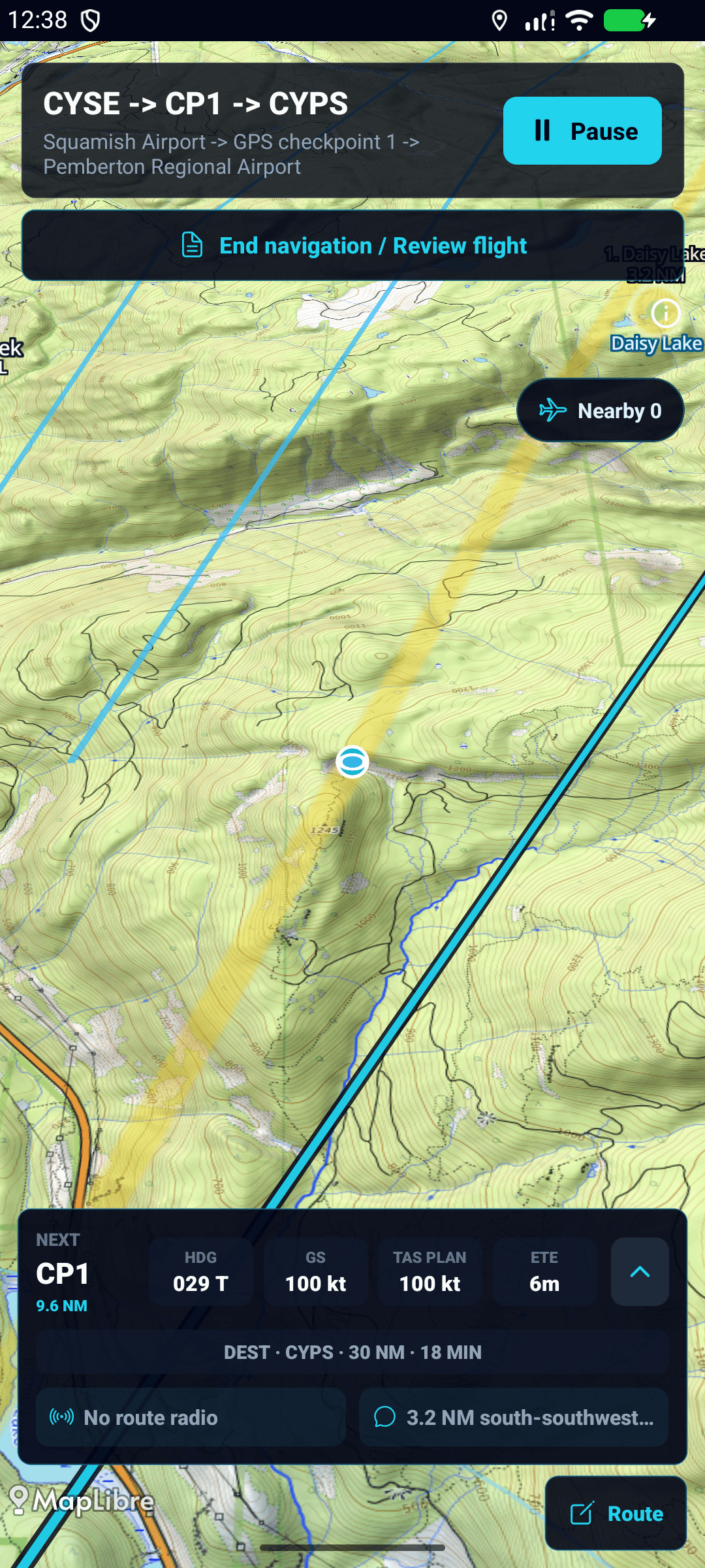 ClearProp Android beta showing active CYSE to CYPS navigation with checkpoint and destination distance and ETE