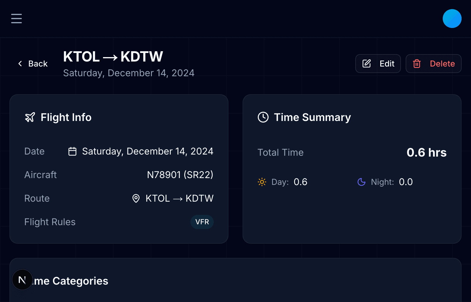 ClearProp flight detail page showing KTOL to KDTW flight